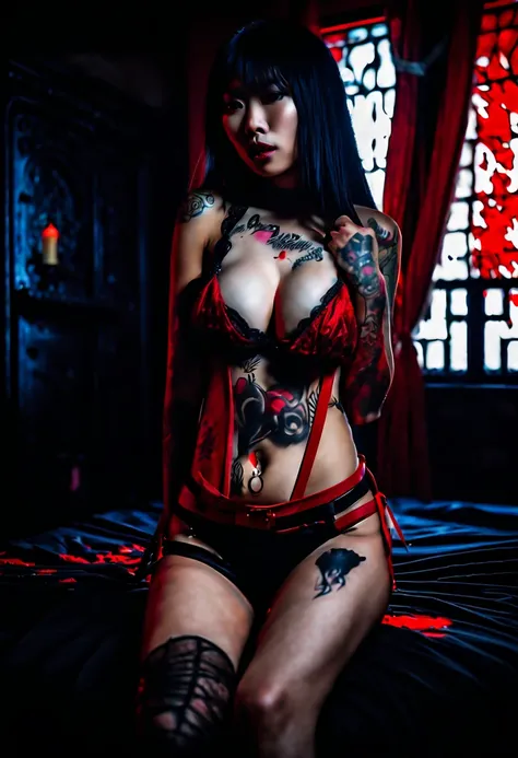 best quality ,magnificent, dark shadowy night, gothic mansion bedroom illuminated by a single candle beautiful gothic Asian vampire woman with yakuza style tattoo all over her body  wearing black and red leather thong bikini and black fishnet stockings wit...