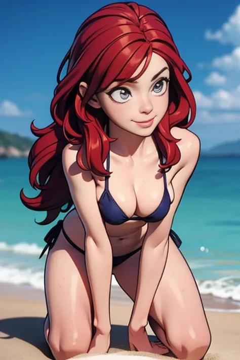 1girl, full body, teenager, solo, (long hair, red hair: 1.28), ((light gray eyes)), some small freckles, pale skin, small breasts, cleavage, (thin hips, thin waist , athletic body: 1.25),  background, looking away, (wearing only a bikini: 1.5), groping che...