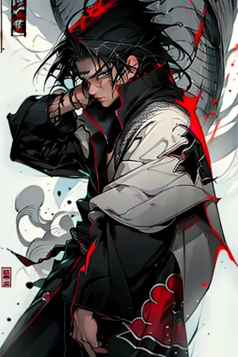 he a tall with spiky Black hair and or light brown eyes. He often mentioned as a scary person to his eyes,wizard, scar, black and white，，red tearlack and white painting，broken，sublevel，black and white，Eroded by darkness and light Hijikata