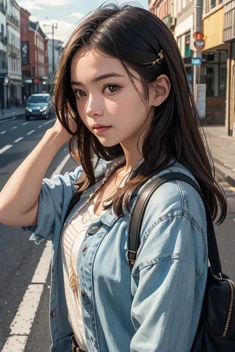 A young woman looking hopefully at the road from a bus stop. The sky shines golden and the sunlight falls on her face.