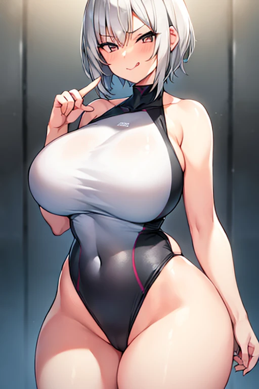 1girl, breasts, large breasts, wide hips, thick thighs, white hair, silver hair, grey hair, short hair, very short hair, tomboy, one-piece swimsuit, black one-piece swimsuit, competition swimsuit, smirk, smug, smile, finger to mouth, tongue, tongue put