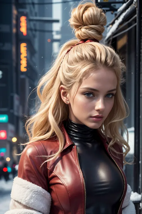 From below, a gorgeous European blonde woman, age 23, bun and wavy hair, shes a men magazine model, She has a subtle smile and flirts with the camera, (she’s in the street of a futuristic cyberpunk city with snow), (she’s wears a Victorian cyberpunk Santa ...