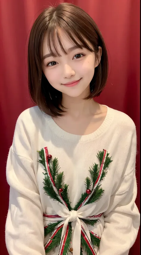 she is a woman with a cute smile、thin lipss、small eyes、brown hair berry short cut、small nose、christmas tree background、