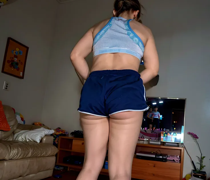 there is a woman standing in front of a Wii remote control in a living room, sport bra and dark blue shorts, Bermuda, tiro pelas costas, tiro longo das costas, Shot from behind, seen from back, view of the back, Backview, sport bra and shorts, picture from...