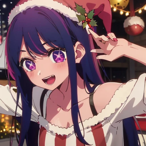 aihoshinonova, 1girl , solo, long hair, bangs, purple hair, purple eyes, star-shaped pupils, open mouth, collarbone, blush, ((christmas shirt)), looking at viewer, breasts, :d, christmas hat, christmas clothes, red and white striped clothes