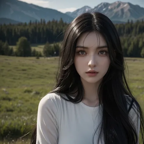 Young woman with long wavy black hair adorned with bangs. She has pale skin and amber eyes. She in a meadow. Apocalypse clothing. Resident evil style.