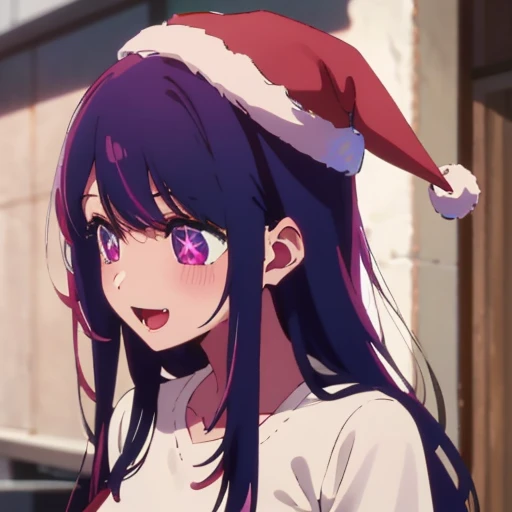 aihoshinonova, 1girl , solo, long hair, bangs, purple hair, purple eyes, star-shaped pupils, blush, ((christmas shirt)), looking at viewer, breasts, :d, christmas hat, christmas clothes, red and white horizontal striped clothes