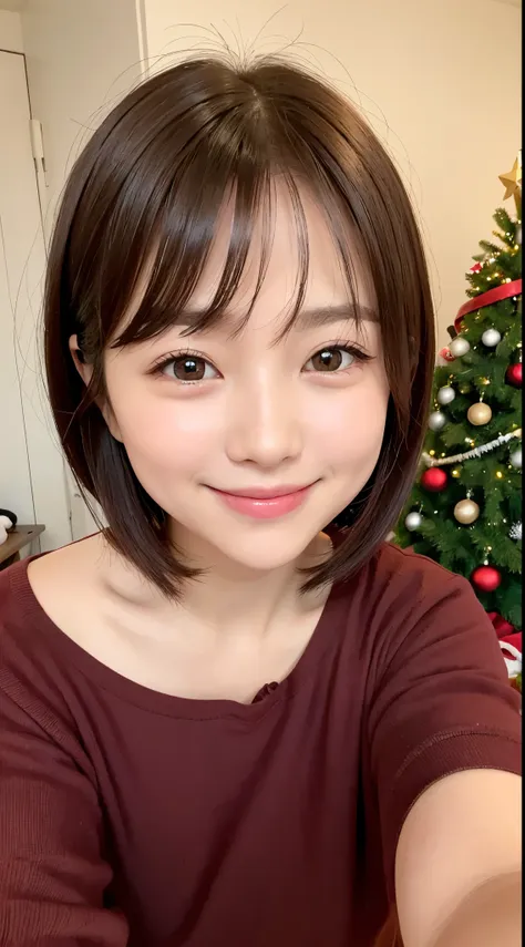 she is a 40 year old woman with a cute smile、thin and small lips、small eyes、brown hair berry short cut、small nose、christmas tree...