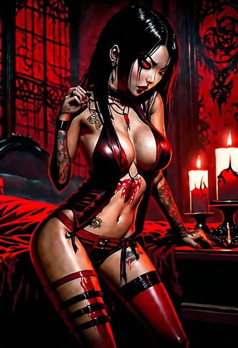 best quality ,magnificent, dark shadowy night, gothic mansion bedroom illuminated by a single candle beautiful gothic Asian vampire woman with yakuza style tattoo all over her body  wearing black and red leather thong bikini and black fishnet stockings wit...