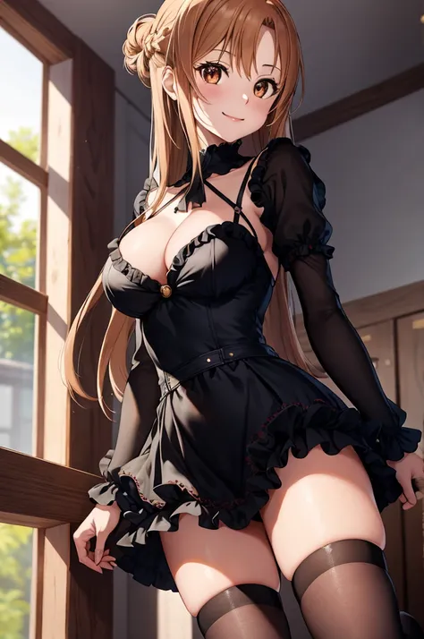 anime, highly detailed face, highly detailed eyes, highly detailed background, perfect lighting, full body, 1girl, solo, Asuna Yuuki, asuna, formal, indoors, smile, black short dress, black heels, cleavage, tiara, jewelry, hair bun, frilled skirt, see-thro...