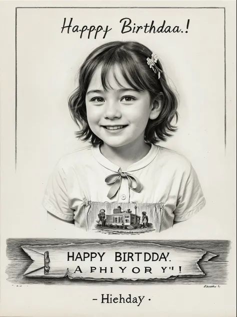 Happy birthday to you! Old postcard. text "HAPPY BIRTHDAY" lithography, children&#39;s pencil drawing style