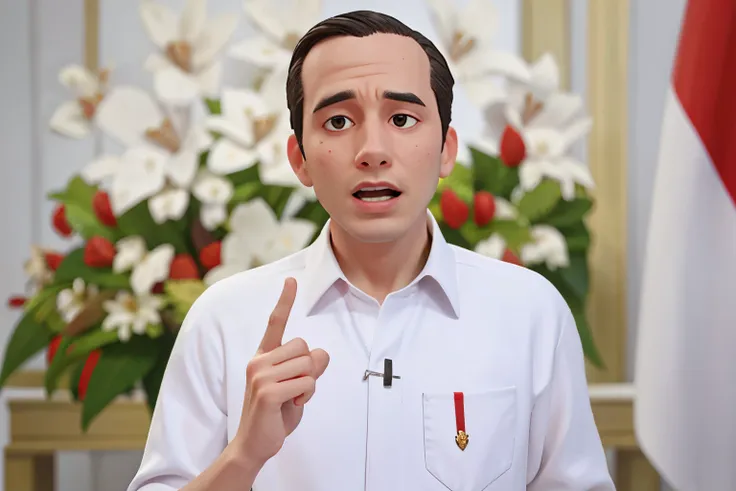 a man in white shirt giving a speech in front of a flag