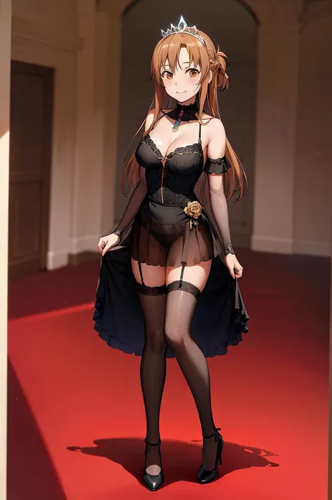 anime, highly detailed face, highly detailed eyes, highly detailed background, perfect lighting, full body, 1girl, solo, Asuna Yuuki, asuna, formal, indoors, smile, black long dress, black heels, cleavage, tiara, jewelry, hair bun, frilled skirt, see-throu...