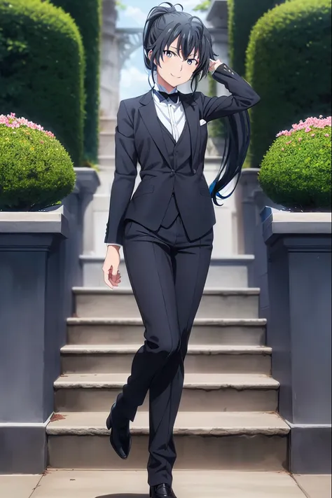 1girl, yukinoshita yukino, Beautiful garden for a background , tailored tailcoat, standing one hand in her pocket, white pants, collared shirt, tuxedo , blue necktie, blue eyes, ponytail black hair, smiling, wallpaper, female butler, best quality, badass b...