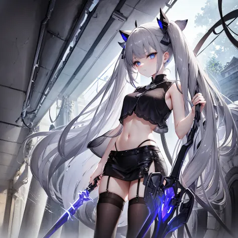 1 girl, solo, short girl, lolita, highly detailed silver hair, crystal hair, back twintails, beautiful deep blue eyes, glowing eyes, small breasts, intricate black blue and gray crop_top with threads, threaded outfit, mini skirt, short black socks, holding...