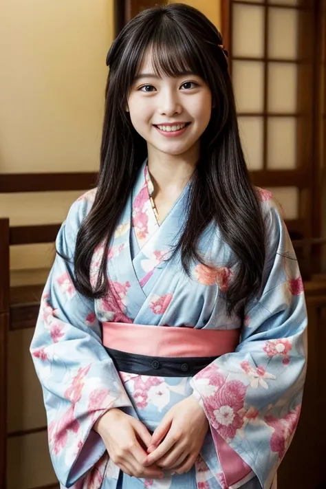 1 Japanese girl wearing a beautiful kimono floral pattern sweet smile long black hair