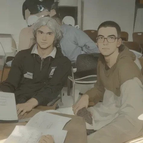 Two cool guys sitting in lit room