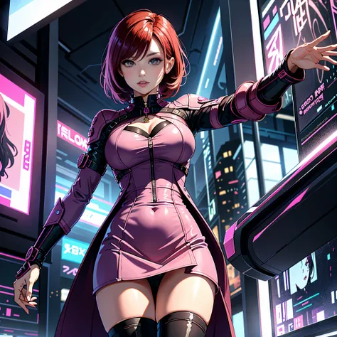 a beautiful woman, 32 years old, short red hair, shimmering brown eyes, with thigh high boots, with a purple and pink blazer, skirt, futuristic pastel city, far future, intricate details