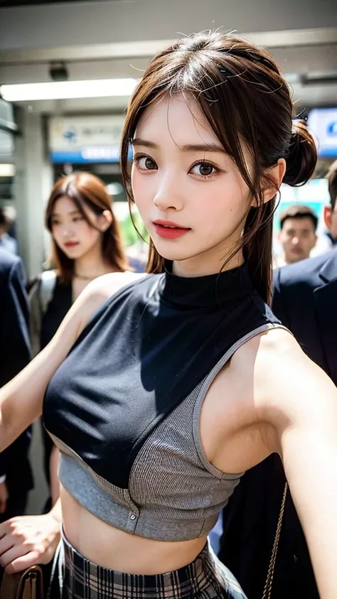 (Best quality at best, 8K, 32K, tmasterpiece, hyper HD: 1.2), depth of fields: 1.2, Black smoke: 1.1, Cute Japan Woman Picture, Little woman, 20yr old, Beautiful and perfect face, short detailed hair, pony tails, with short brown hair, beauitful face, Elon...