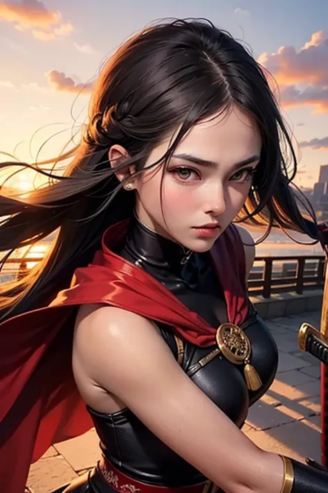 ((best quality)), ((masterpiece)), (detailed), perfect face, girl, warrior, samurai armor, wielding katana, red-orange sunset, japanese garden, ((long cloak)), ((long black hair)), from front