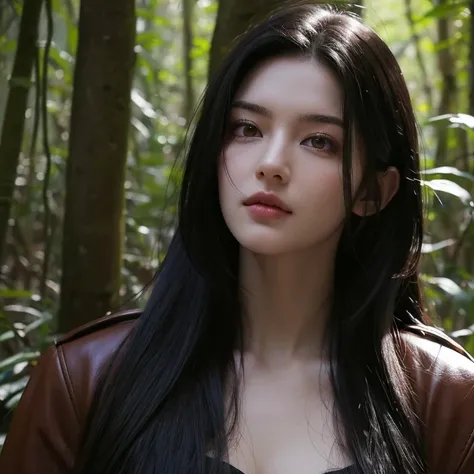 Young woman with long wavy black hair. She has pale skin and light brown eyes. She  in the woods. She  dressed like a mercenary. Resident evil style.