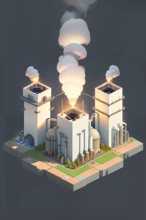 Craft an isometric view of a basic energy factory in the game world. The structure is immersed in serene shades of white, featuring three chimneys now emitting light smoke. Ensure the illustration is detailed, with slightly larger chimneys, and add light s...