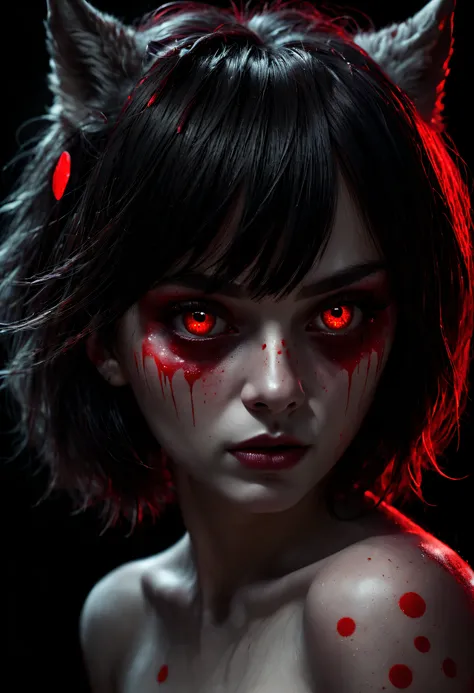 (demon girl),(psychological horror),(close face shot), highly detailed, hd, red shiny dots in black eyes, eye bags, dark backgro...