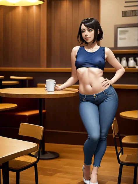 Aubrey Plaza, masterpiece quality, (masterpiece quality:1.5), realistic, (realistic:1.5), detailed, sexy pose, leaning on table, in a coffee shop, wearing blue jeans, wearing black crop top, small breasts, (small breasts:1.5),