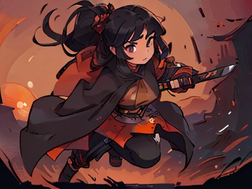 ((best quality)), ((masterpiece)), (detailed), perfect face, girl, samurai armor, wielding katana, red-orange sunset, japanese garden, ((long cloak)), ((long black hair)), full body