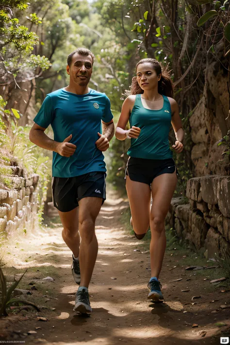 Best quality advertising illustration of a man and a woman running on a trail in Chapada dos Guimarães in high resolution