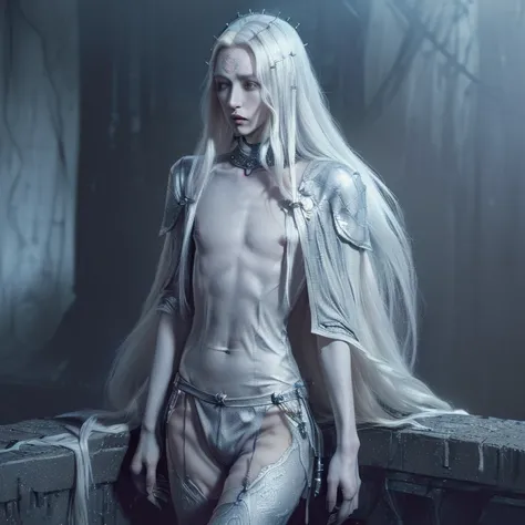 (masterpiece, best quality, 8k, dramatic, dark souls:1.5), (dark sun gwyndolin, dark souls, parasitic false god, albino, beautiful, slender androgynous male, beautiful eyes, long hair, flat chest, male crotch:1.5)