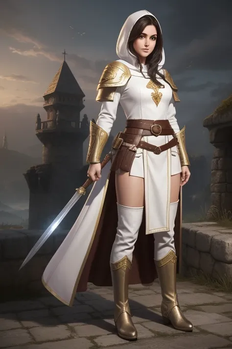 woman dark hair, brown eyes, snub nose, rounded face, realistic RPG style art, Wearing white tunic, golden armor on the cuffs, utility belt, dark hood cleric style details on the outfit, brown boots and white pants, clear color palette expression of innoce...