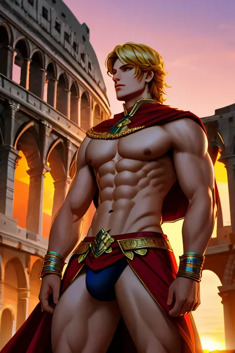 Mighty gladiator man , bare breast, Lower torso opens from hips to feet.., cascading long curls, Detailed muscular physique, realistic image, 4k resolution. Background: The Colosseum during a spectacular sunset,32K UHD, Best Quality, Masterpiece, super det...