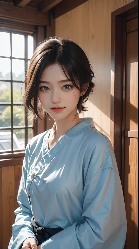 Beautie、8K、An ultra-high picture quality、japanes、1 woman around 20 years old、Black hair、short-cut、Beautiful face with blue eyes、A detailed face、Detailed eyes、realisticeyes、Detailed skin、realskin、Detailed hair strands、dishevled hair、disheveled hair、Slim bod...