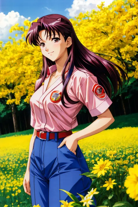 happy Misato Katsuragi from Neon Genesis Evangelion standing in a beautiful field of flowers, colorful flowers everywhere, perfect lighting, leica summicron 35mm f2.0, Kodak Portra 400, film grain