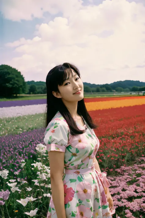 happy Misato Katsuragi from Neon Genesis Evangelion standing in a beautiful field of flowers, colorful flowers everywhere, perfect lighting, leica summicron 35mm f2.0, Kodak Portra 400, film grain