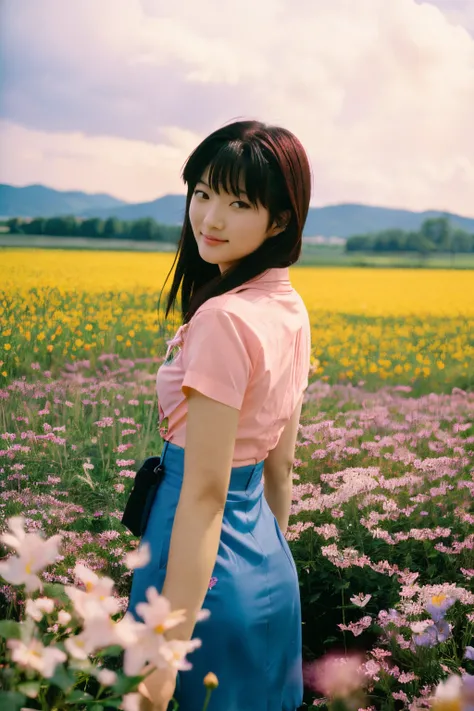 happy Misato Katsuragi from Neon Genesis Evangelion standing in a beautiful field of flowers, colorful flowers everywhere, perfect lighting, leica summicron 35mm f2.0, Kodak Portra 400, film grain