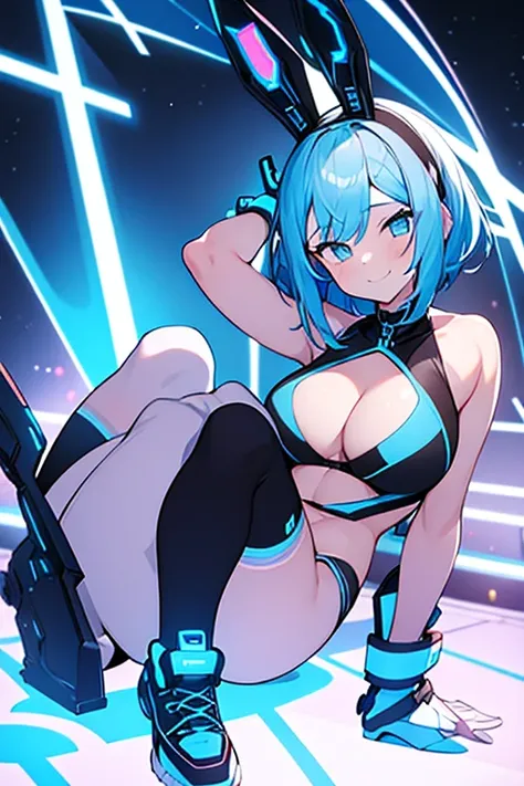 1girl, bunny ears, rabbit ears, sneakers, shoes, futuristic, tech, science-fiction, bikini, black bikini, blue trim, blue neon trim, neon trim, blue hair, very short hair, blue eyes, smile, light smile, wide hips, breasts, large breasts, thick thighs