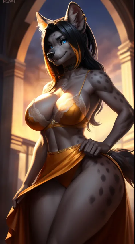 Draft Sketch (nsfw)))), uploaded the e621, beautiful and detailed,woman (((female))) ((anthro)) hyena, Ross Tran, by ruan jia, by zaush, by foxovh, lighting cinematic, seductor, hyena, thighighs, (huge chest) foxovh 1girls ai_generated masterpiece:1.2, bes...