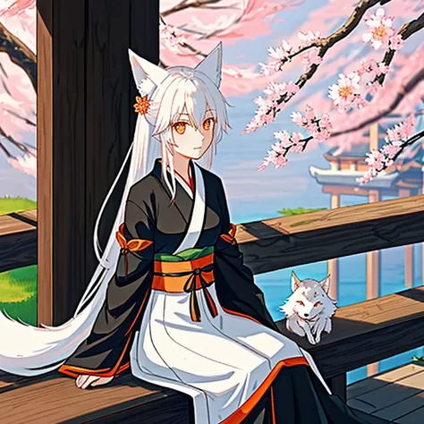 Black armored kimono,tsurime,orange eyes,fox_ears, white Fox tail,white_hair,Low-tied long hair,hanfu,1girl, sitting infront of sakura trees