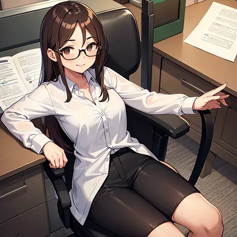 Girl with brown long hair, brown glasses, white dress shirt and black pants, sitting at an office desk with a chair with wheels. Smiling seductively