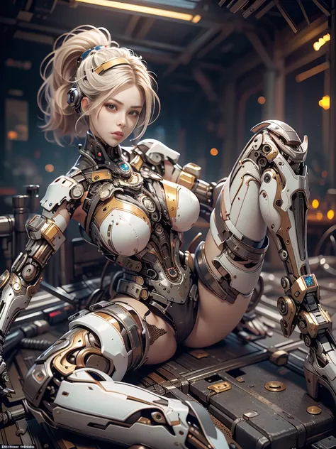 (1 girl) Sexy cyborg girl, ciberpunk, High tech sci-fi, tetas grandes, clear plastic skin, short white hair, hair in a ponytail, Azure Eyes, beautiful pink lips, cuteface, Ultra Cute Face, photorealistic face, Mechanical body, Protruding tits, Fall, transp...