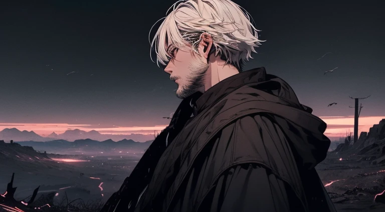 A 26-year-old Asian male with long, tangled white hair, red eyes, sporting white beard and a tanned complexion stands in a black robe, facing away amid a landscape strewn with craters and fallen warriors. The art style echoes Kentaro Miuras Vagabond, showc...