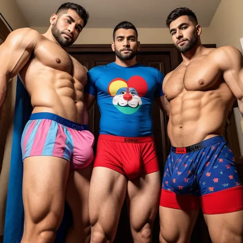 3 hombres, en boxers, with a very large and long bulge in the crotch. Vestidos de payaso, se tiene que ver la cara