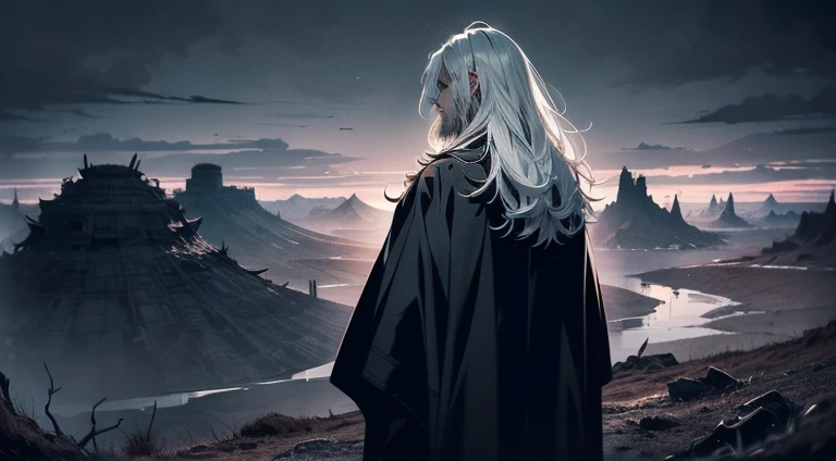 A 26-year-old Asian male with long white hair, red eyes, sporting long white colored beard and a tanned complexion stands in a black robe, facing away amid a landscape strewn with craters and fallen warriors. The art style echoes Kentaro Miuras Vagabond, s...