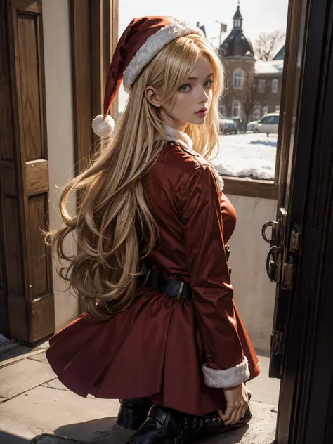 (Meisterwerk), (best quality), (Detailliert), Helle Schicht, 1solo girl, Kizi, Perfect Body, blondes Haar, definierter Brustkorb, defined collarbone, ultra realistisch, fotorealistisch, Detailliert, ,verbessern, wearing a Santa suit with thigh-high red boo...