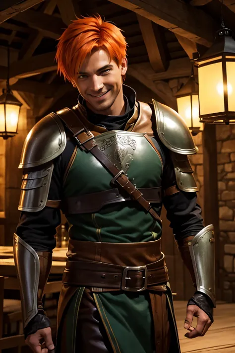 A cool looking male thief. Orange short hair. Green eyes. Tanned skin. Tight brown leather armor. In a medieval inn. Funny guy. Laughing.