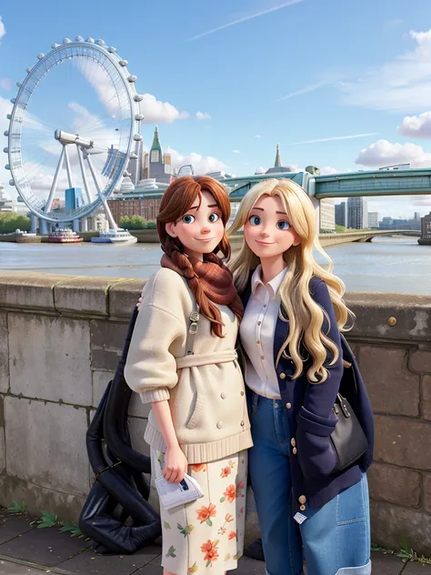 two women standing next to each other near a river, in london, london eye, taken in 2 0 2 0, in the background, by Niko Henrichon, by Tom Wänerstrand, by David Ruby, by Emma Andijewska, london streets in background, ruins in the background, smooth in _ the...