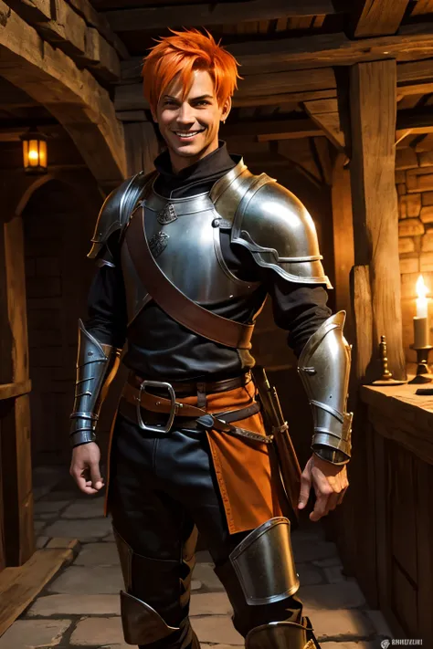 A cool looking male thief. Orange short hair. Green eyes. Tanned skin. Tight brown leather armor. In a medieval inn. Funny guy. Laughing.