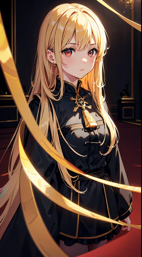 topquality、Outstanding picture quality、tmasterpiece、middle-aged girl((Cute little Bust、Medium bust,beautiful red color eyes,blond long hair、well-proportioned、black coat)）hiquality、Beautiful art、Background from((Black Room,A large room、))Thoughtful design、v...